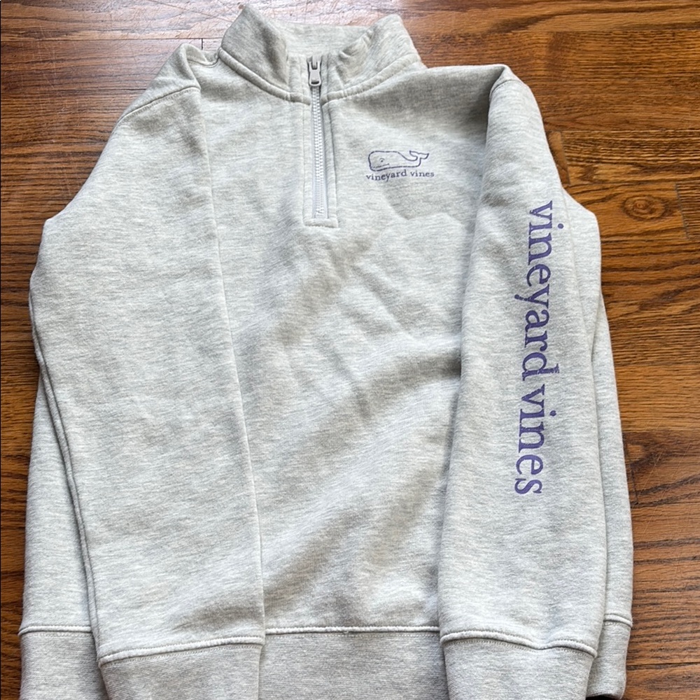 Vineyard Vines Light Gray Quarter-Zip with Purple Sleeve Logo